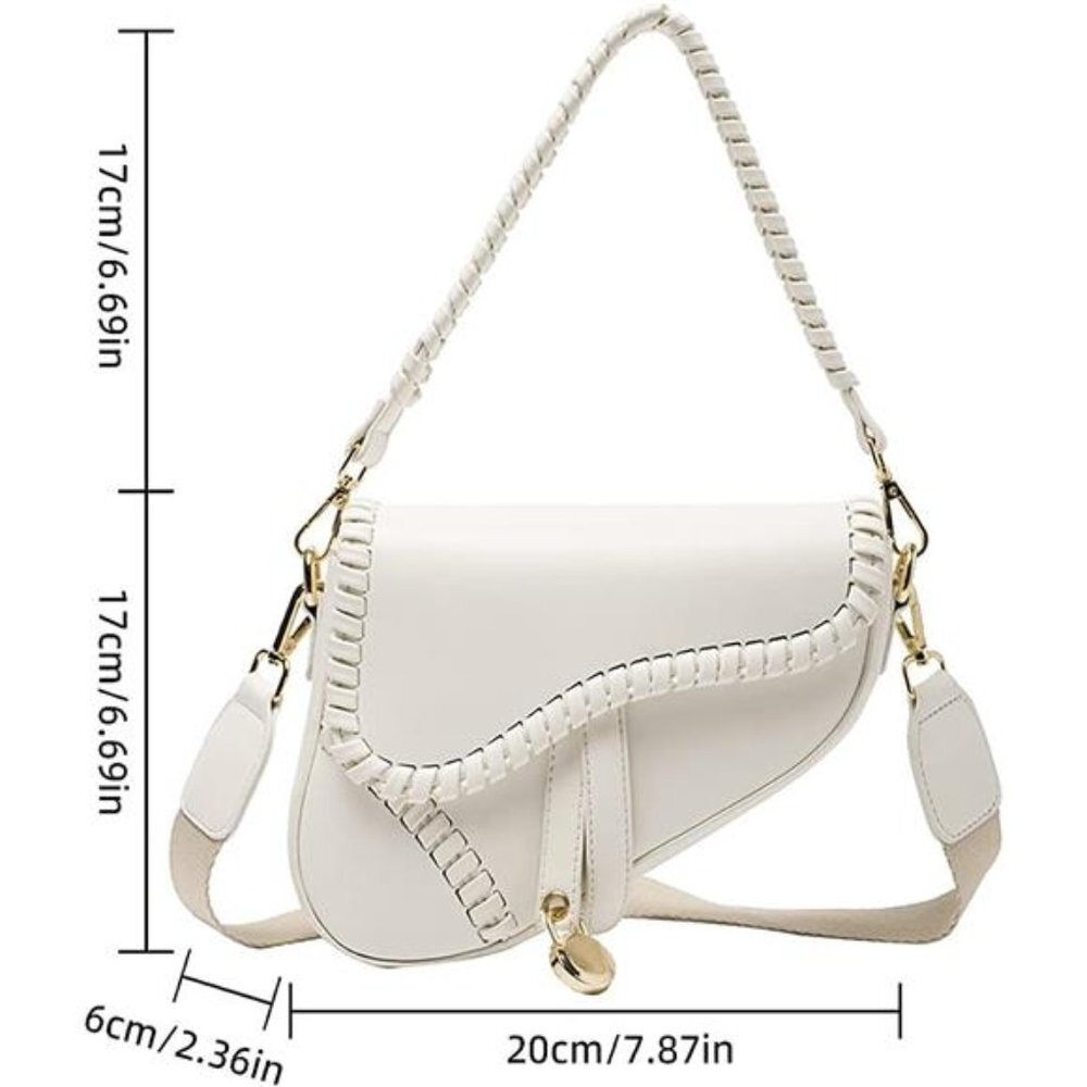 White Braided Faux Leather Mini Saddle Purse Shoulder Mini Crossbody Bag Handbag - Picture 7 of 7